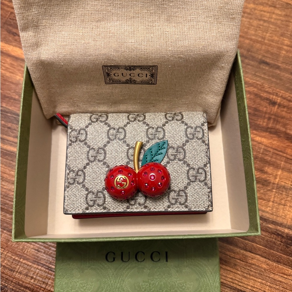 Gucci Beige and Red Cherry Card Holder